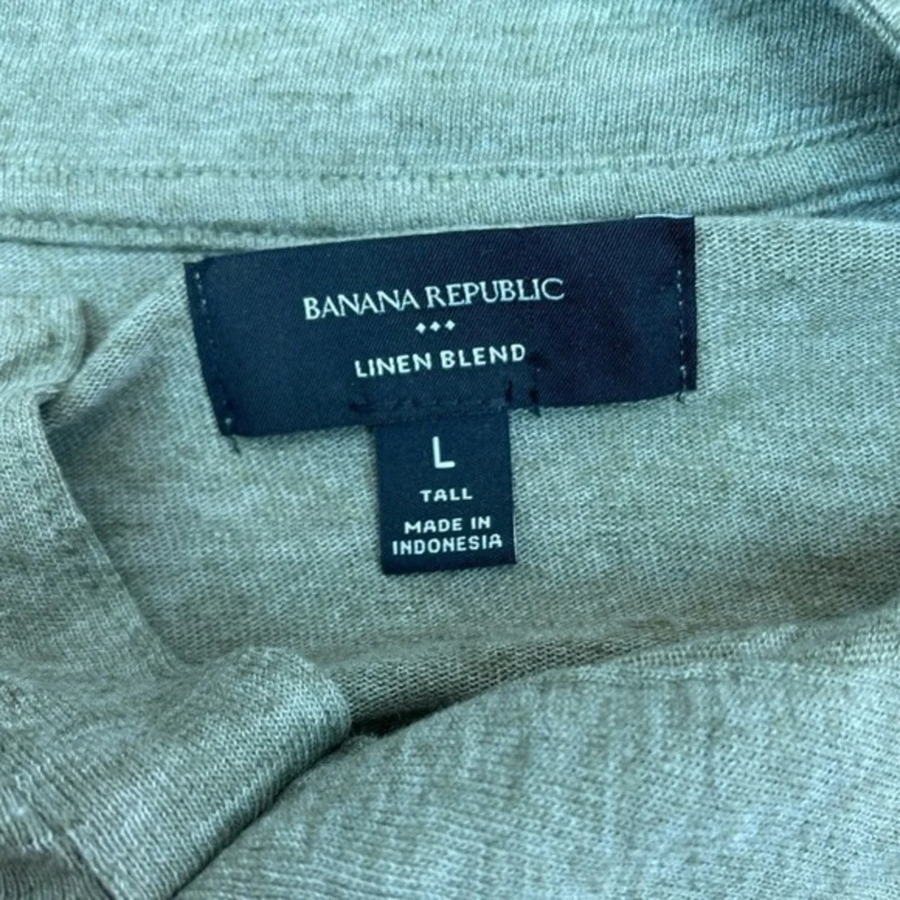 Banana Republic Men LT Polo Shirt‎ Green Linen Blend V-Neck Johnny Collar Preppy